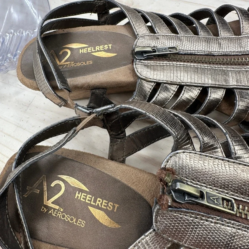 A2 by Aerosoles Yetaway Wedge Sandals Womens 8.5M Bronze Metallic Gladiator Zip
